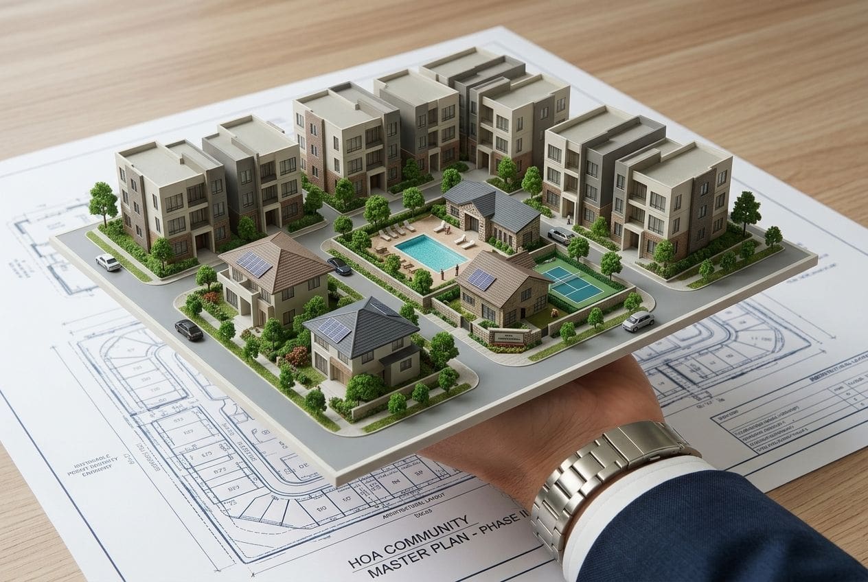 A person holds a detailed architectural model of a residential neighborhood above blueprints labeled "HOA Community Master Plan - Phase II," highlighting the vital role of Association Management Services in planning and development.