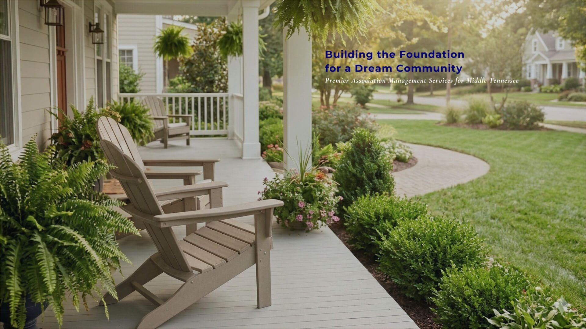 Two wooden chairs sit on a front porch surrounded by lush green plants, with a quiet suburban street and houses in the background. Text about property management services appears on the image.